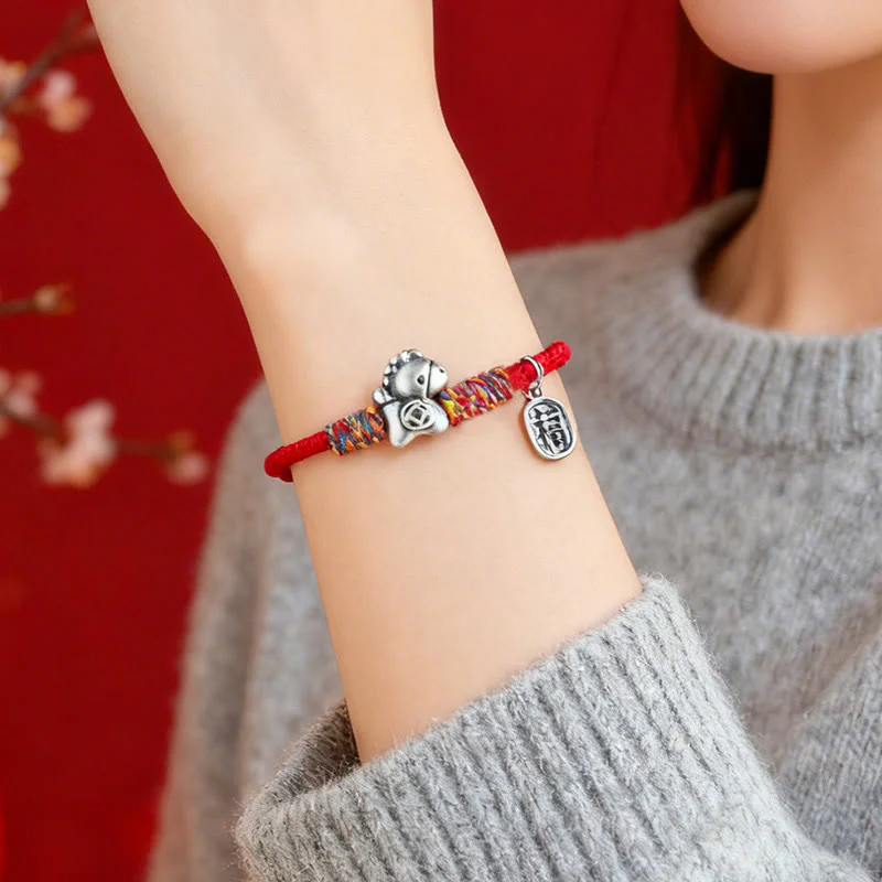 Braccialetto portafortuna con corda e corda in argento sterling 999 Buddha Stones e carattere Fu dell'anno del cavallo - Image 13