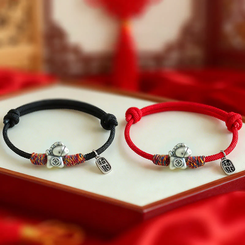 Braccialetto portafortuna con corda e corda in argento sterling 999 Buddha Stones e carattere Fu dell'anno del cavallo - Image 17