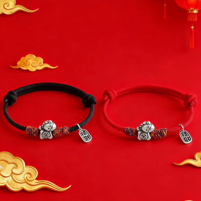 Braccialetto portafortuna con corda e corda in argento sterling 999 Buddha Stones e carattere Fu dell'anno del cavallo - Image 18
