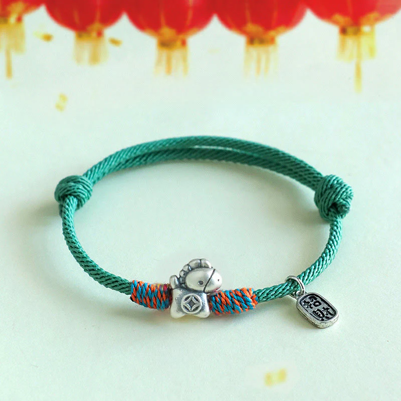 Braccialetto portafortuna con corda e corda in argento sterling 999 Buddha Stones e carattere Fu dell'anno del cavallo - Image 19