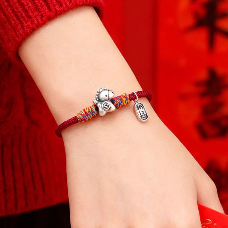 Braccialetto portafortuna con corda e corda in argento sterling 999 Buddha Stones e carattere Fu dell'anno del cavallo - Image 4