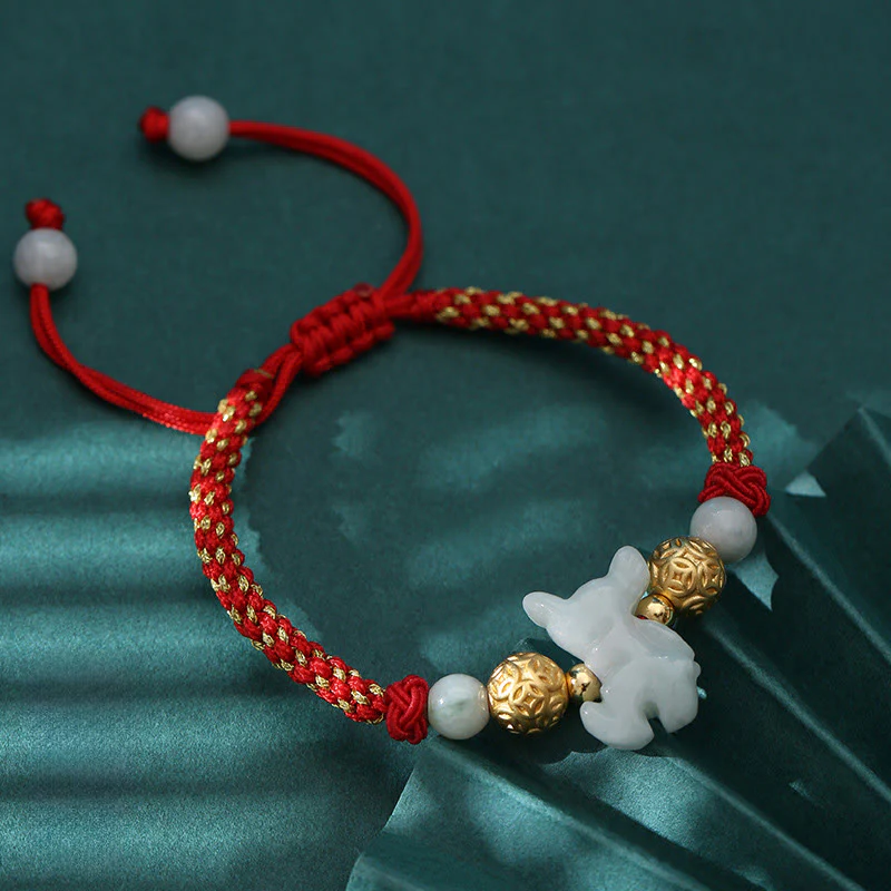Braccialetto portafortuna con corda rossa, Buddha Stones di giada e argento dello zodiaco cinese, anno del cavallo