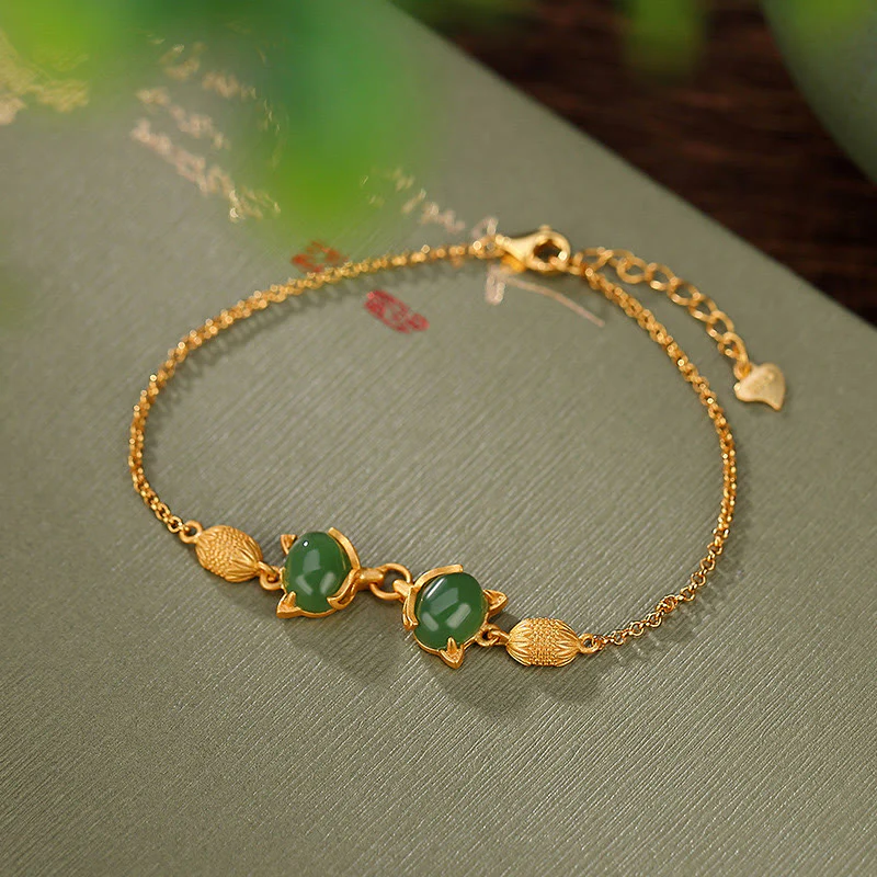 Braccialetto portafortuna con giada bianca naturale Hetian in argento sterling 925 Buddha Stones, giada ciano e volpe adorabile