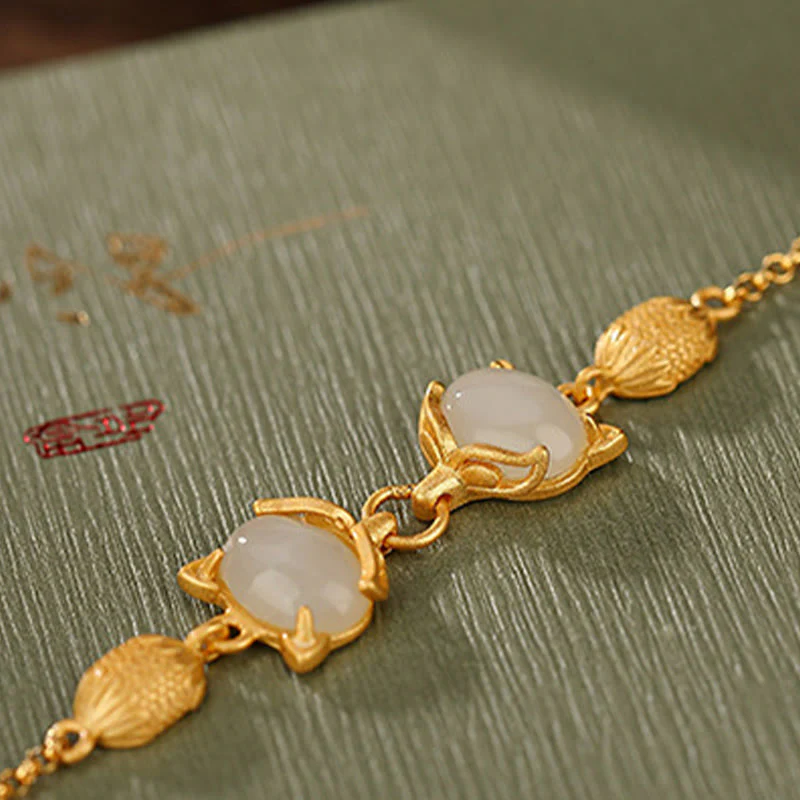 Braccialetto portafortuna con giada bianca naturale Hetian in argento sterling 925 Buddha Stones, giada ciano e volpe adorabile - Image 10