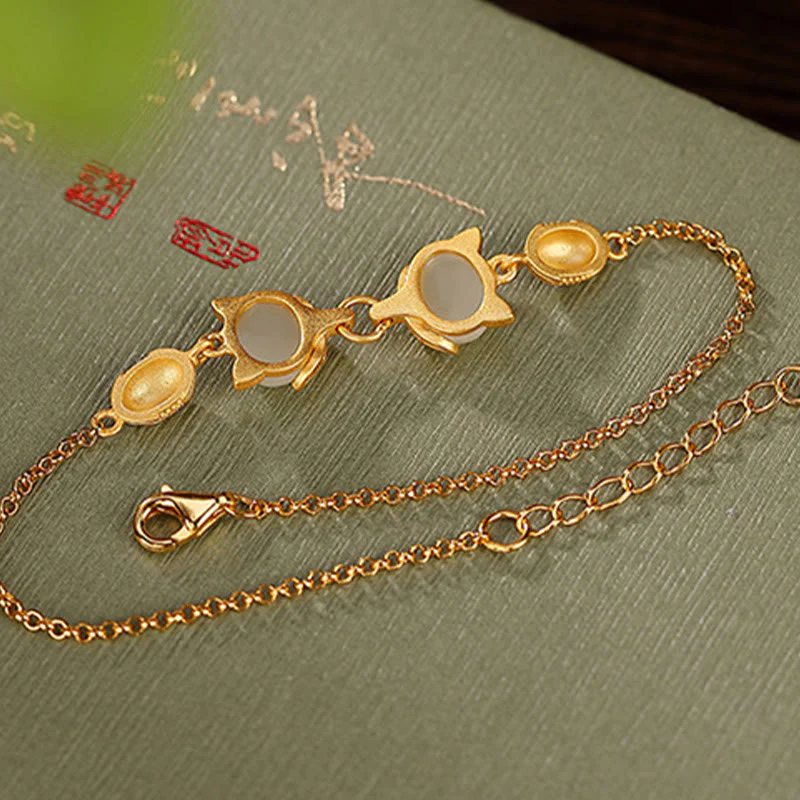 Braccialetto portafortuna con giada bianca naturale Hetian in argento sterling 925 Buddha Stones, giada ciano e volpe adorabile - Image 11