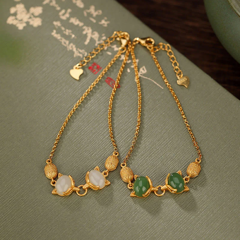 Braccialetto portafortuna con giada bianca naturale Hetian in argento sterling 925 Buddha Stones, giada ciano e volpe adorabile - Image 2