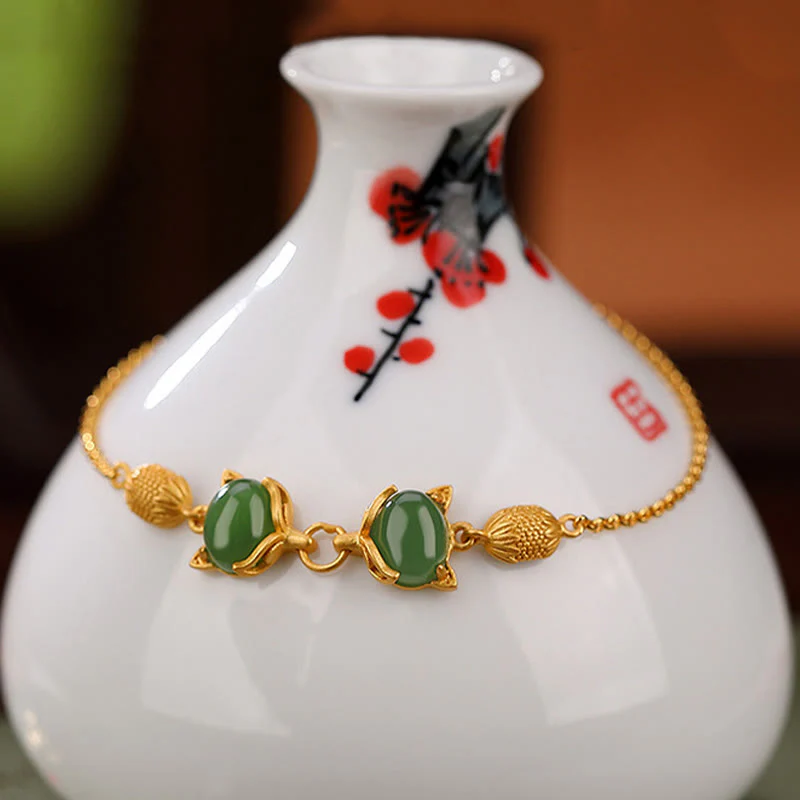 Braccialetto portafortuna con giada bianca naturale Hetian in argento sterling 925 Buddha Stones, giada ciano e volpe adorabile - Image 3