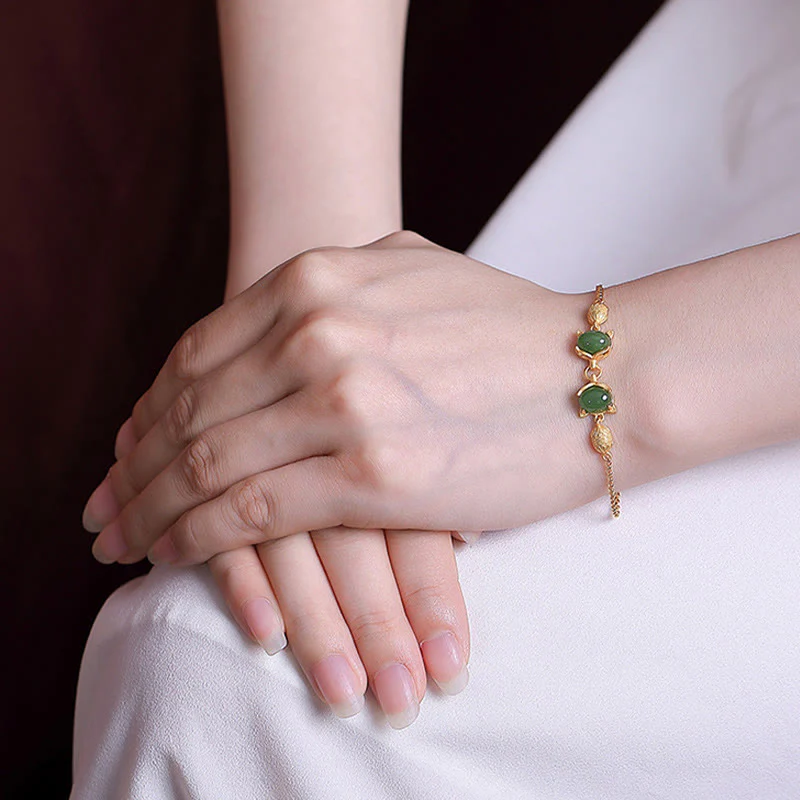 Braccialetto portafortuna con giada bianca naturale Hetian in argento sterling 925 Buddha Stones, giada ciano e volpe adorabile - Image 4