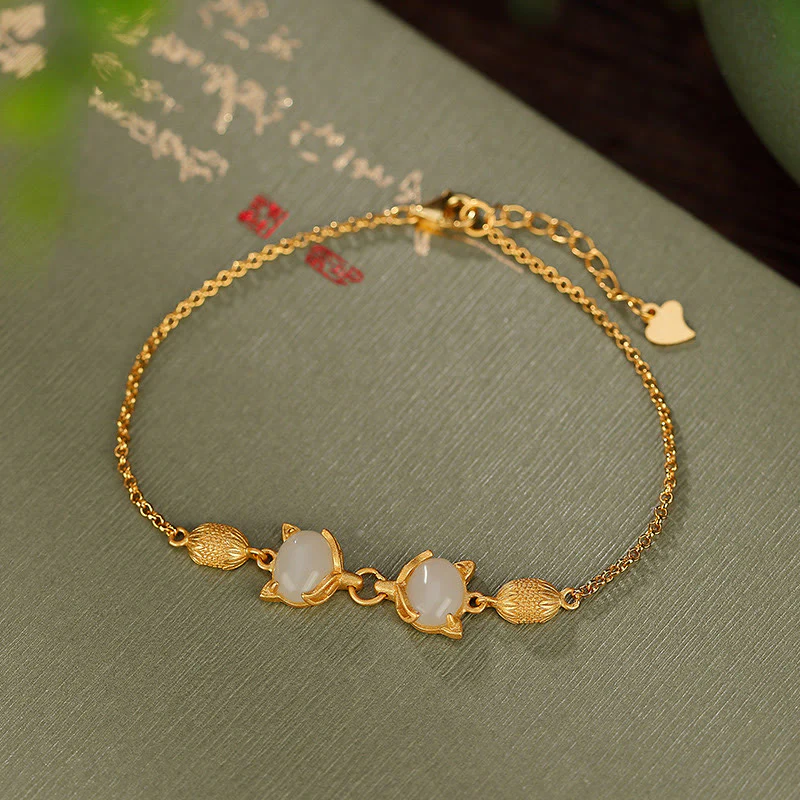 Braccialetto portafortuna con giada bianca naturale Hetian in argento sterling 925 Buddha Stones, giada ciano e volpe adorabile - Image 6