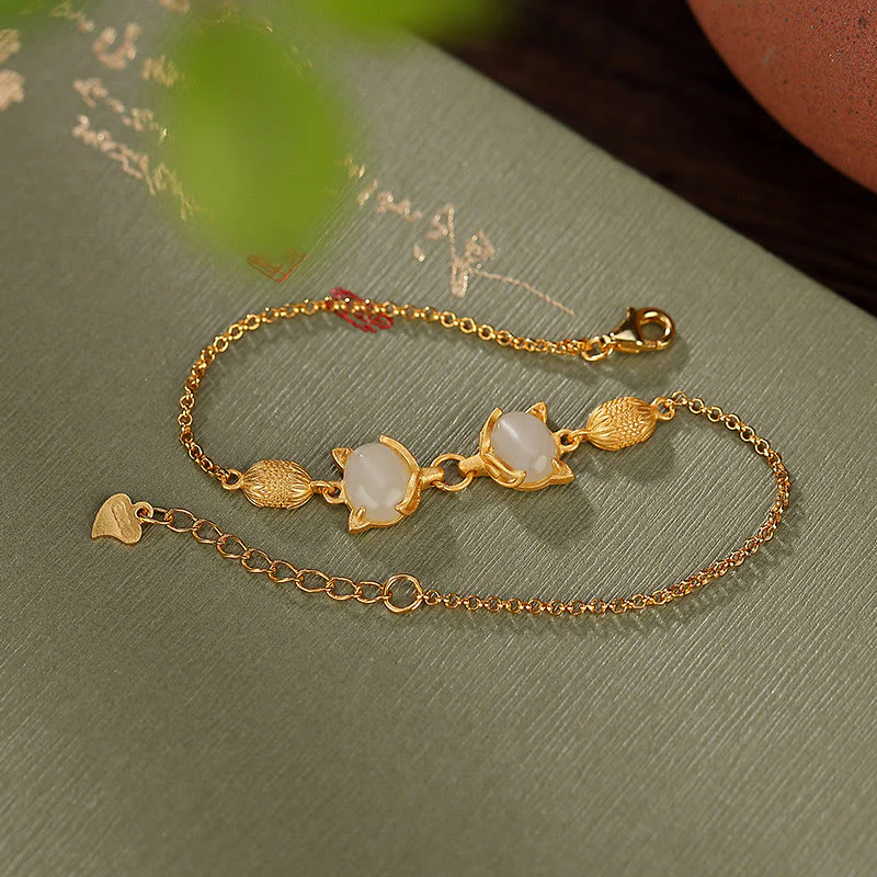 Braccialetto portafortuna con giada bianca naturale Hetian in argento sterling 925 Buddha Stones, giada ciano e volpe adorabile - Image 9