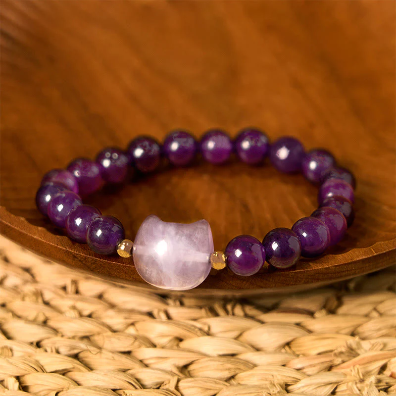 Braccialetto portafortuna con testa di gatto, ametista, avventurina verde, quarzo rosa, fluorite e Buddha Stones