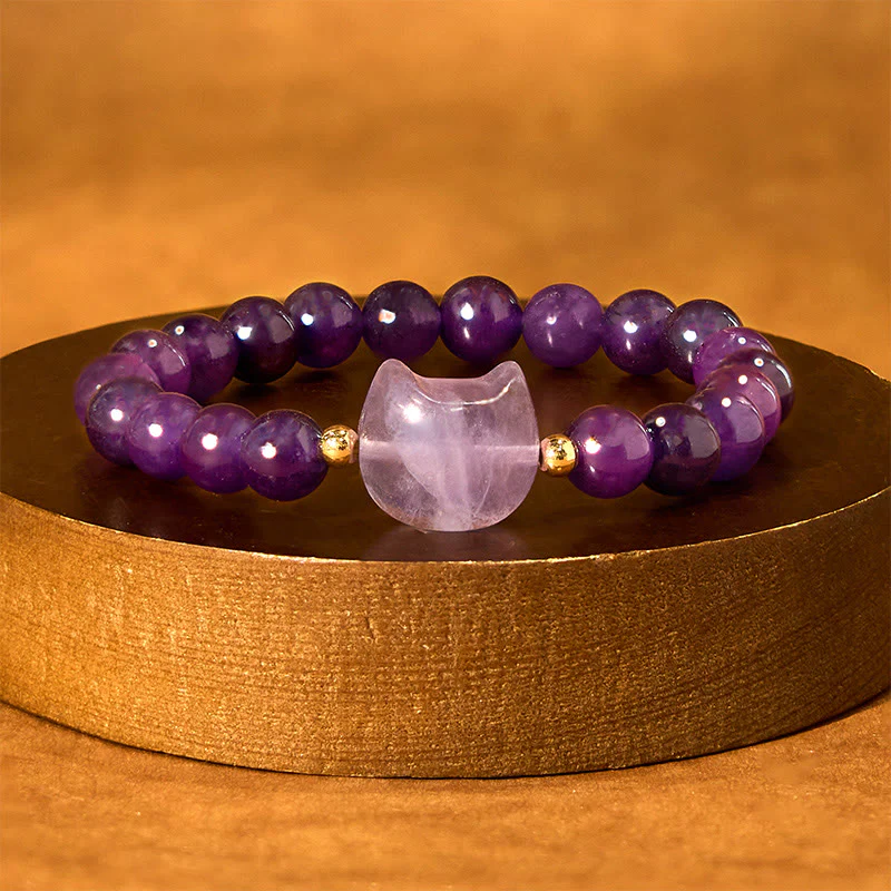 Braccialetto portafortuna con testa di gatto, ametista, avventurina verde, quarzo rosa, fluorite e Buddha Stones - Image 2