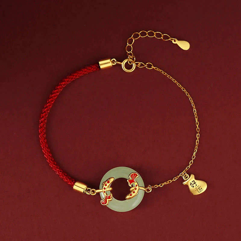 Braccialetto portafortuna della ricchezza con fibbia della pace con pesce Koi in argento Buddha Stones 999 e giada bianca di Hetian - Image 2