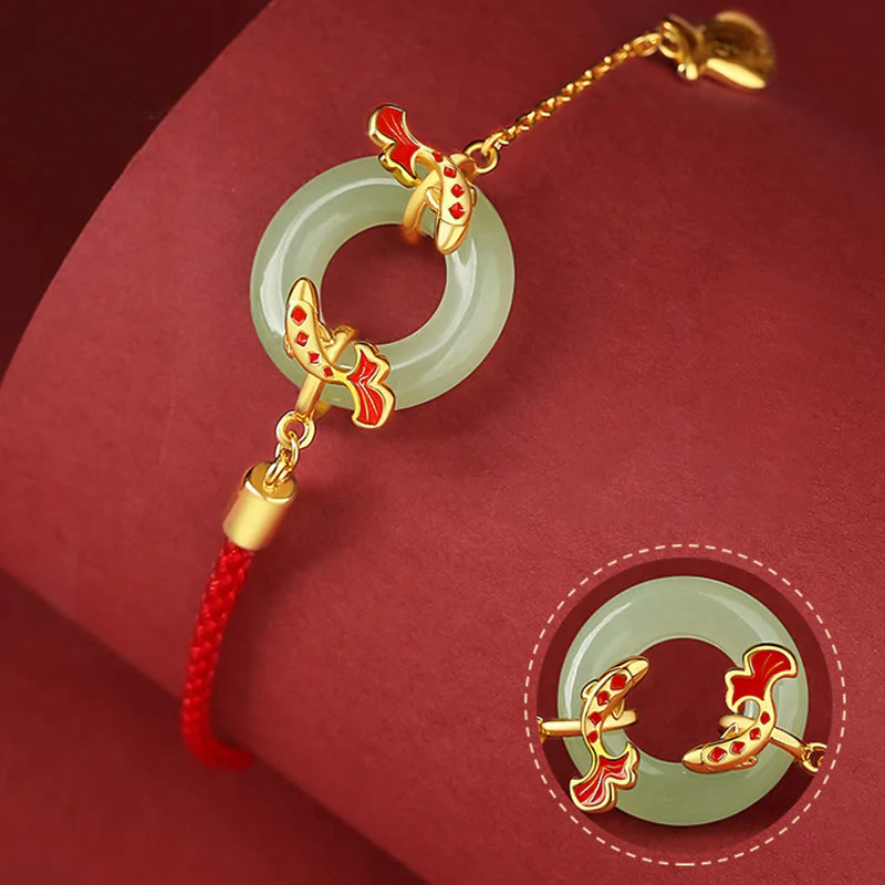 Braccialetto portafortuna della ricchezza con fibbia della pace con pesce Koi in argento Buddha Stones 999 e giada bianca di Hetian - Image 6