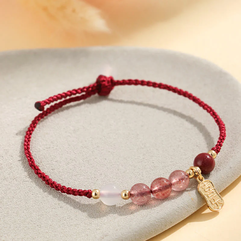 Braccialetto positivo in corda rossa con agata bianca, giada e quarzo fragola naturale Buddha Stones - Image 10