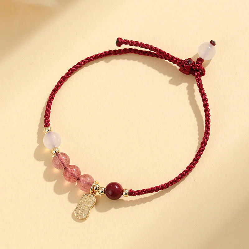 Braccialetto positivo in corda rossa con agata bianca, giada e quarzo fragola naturale Buddha Stones - Image 11