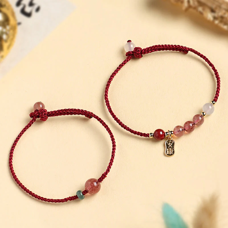Braccialetto positivo in corda rossa con agata bianca, giada e quarzo fragola naturale Buddha Stones - Image 13