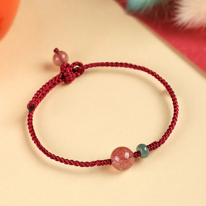 Braccialetto positivo in corda rossa con agata bianca, giada e quarzo fragola naturale Buddha Stones - Image 4