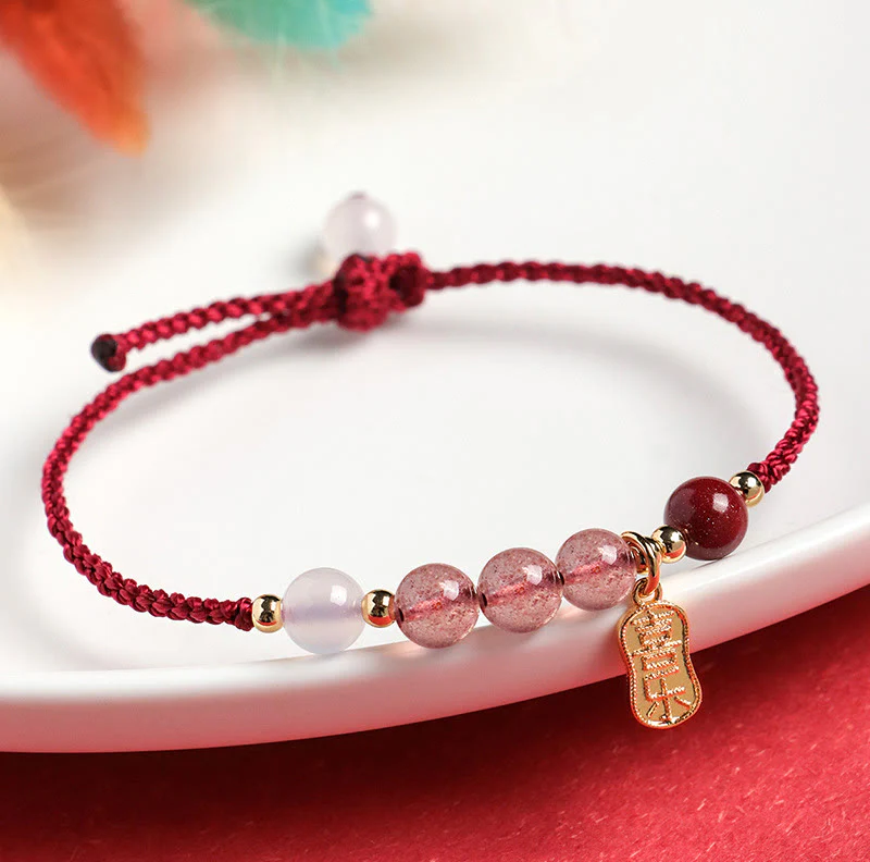 Braccialetto positivo in corda rossa con agata bianca, giada e quarzo fragola naturale Buddha Stones - Image 9