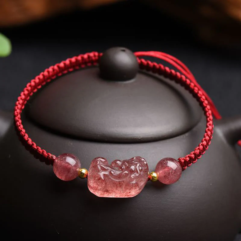 Braccialetto portafortuna rosso con corda PiXiu in quarzo fragola naturale Buddha Stones - Image 2