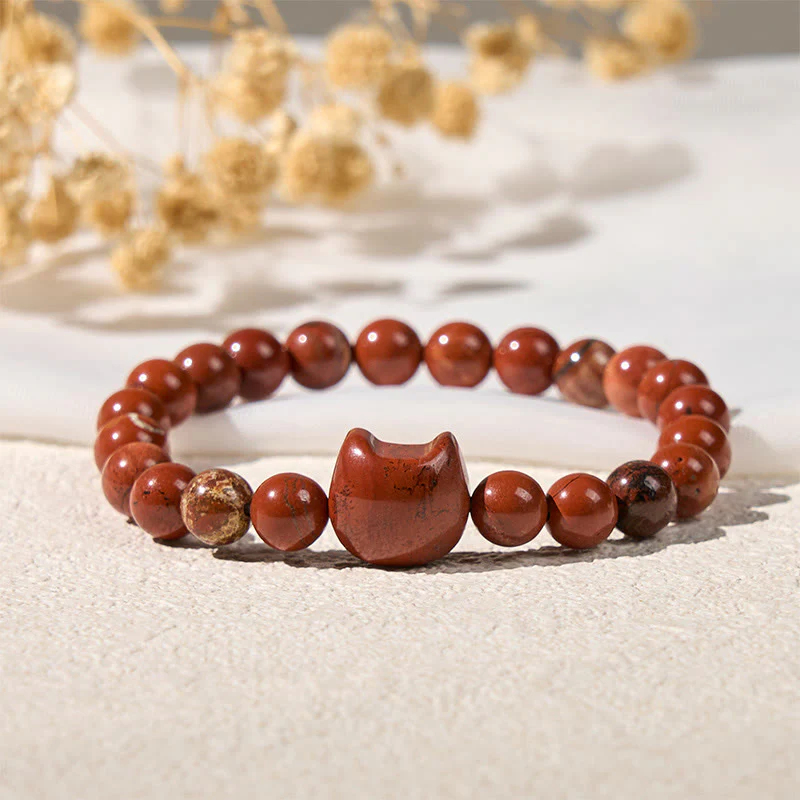 Braccialetto portafortuna turchese rosso con testa di gatto senza volto di Buddha Stones - Image 3
