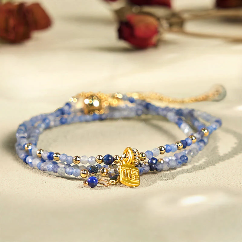Braccialetto positivo con carattere Fu a triplo giro, perline ultrasottili da 3 mm, lazurite naturale e lapislazzuli, Buddha Stones - Image 2