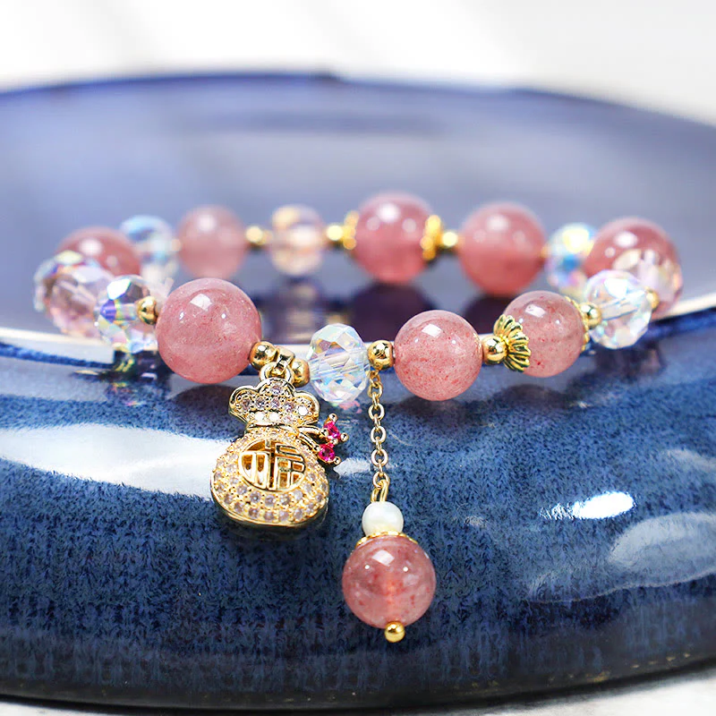 Braccialetto positivo con ciondolo a forma di sacchetto di denaro in cristallo di quarzo fragola naturale Buddha Stones - Image 2