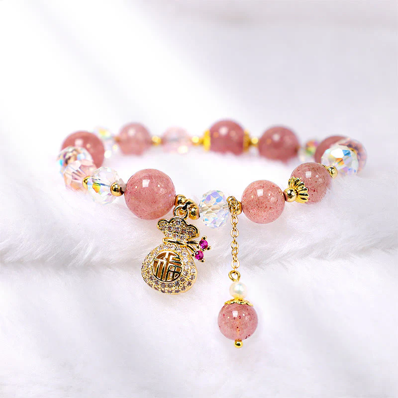 Braccialetto positivo con ciondolo a forma di sacchetto di denaro in cristallo di quarzo fragola naturale Buddha Stones - Image 4
