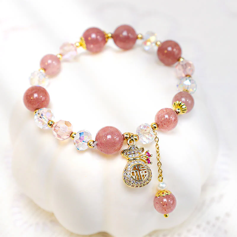 Braccialetto positivo con ciondolo a forma di sacchetto di denaro in cristallo di quarzo fragola naturale Buddha Stones - Image 5