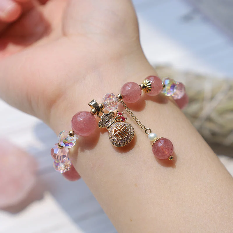 Braccialetto positivo con ciondolo a forma di sacchetto di denaro in cristallo di quarzo fragola naturale Buddha Stones - Image 7