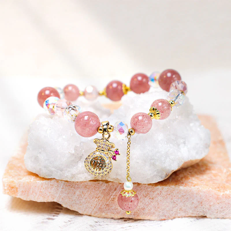 Braccialetto positivo con ciondolo a forma di sacchetto di denaro in cristallo di quarzo fragola naturale Buddha Stones - Image 8