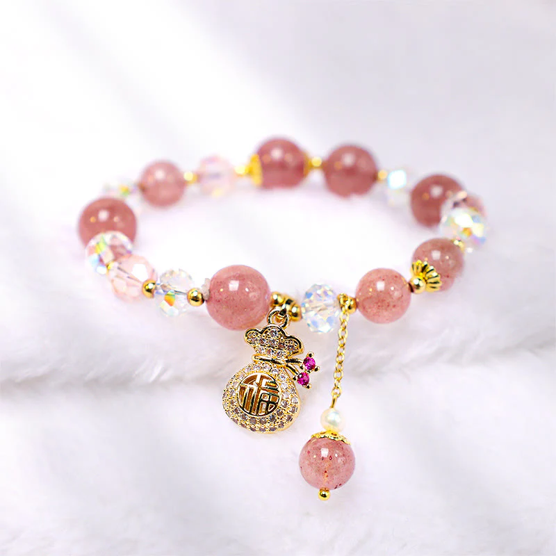 Braccialetto positivo con ciondolo a forma di sacchetto di denaro in cristallo di quarzo fragola naturale Buddha Stones - Image 9