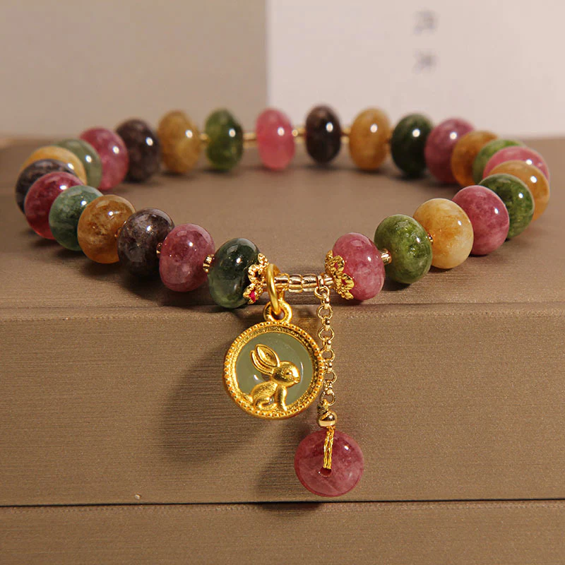 Braccialetto positivo con ciondolo coniglio carino e tormalina colorata naturale Buddha Stones
