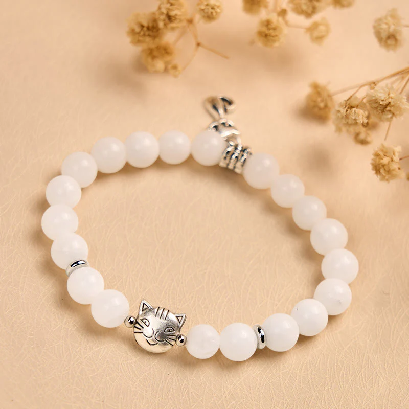 Braccialetto positivo con perline di calcedonio bianco naturale Buddha Stones White Cat - Image 2