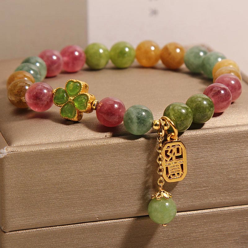 Braccialetto positivo con quadrifoglio colorato in giada e tormalina Buddha Stones - Image 2