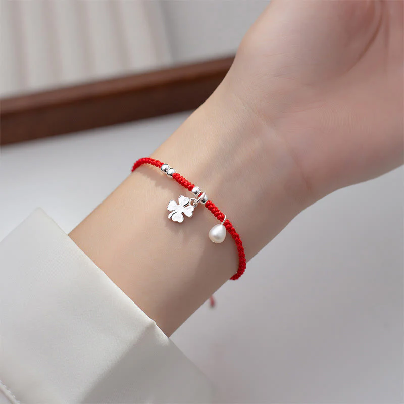 Braccialetto retrò in argento sterling 925 con quadrifoglio e perle portafortuna, cordino rosso Buddha Stones - Image 10