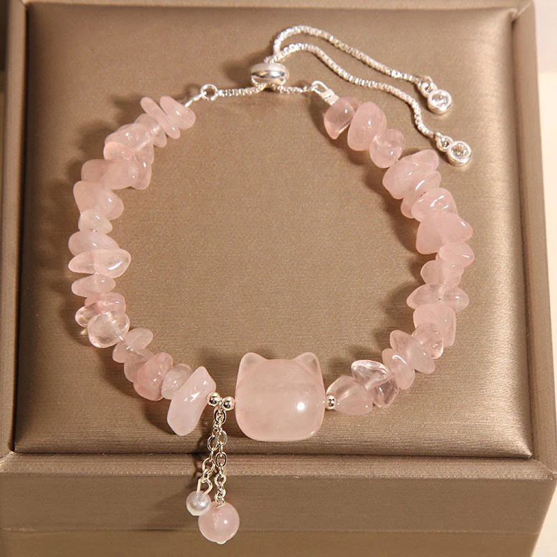 Braccialetto rilassante a forma di testa di gatto in agata rosa naturale e cristallo Buddha Stones