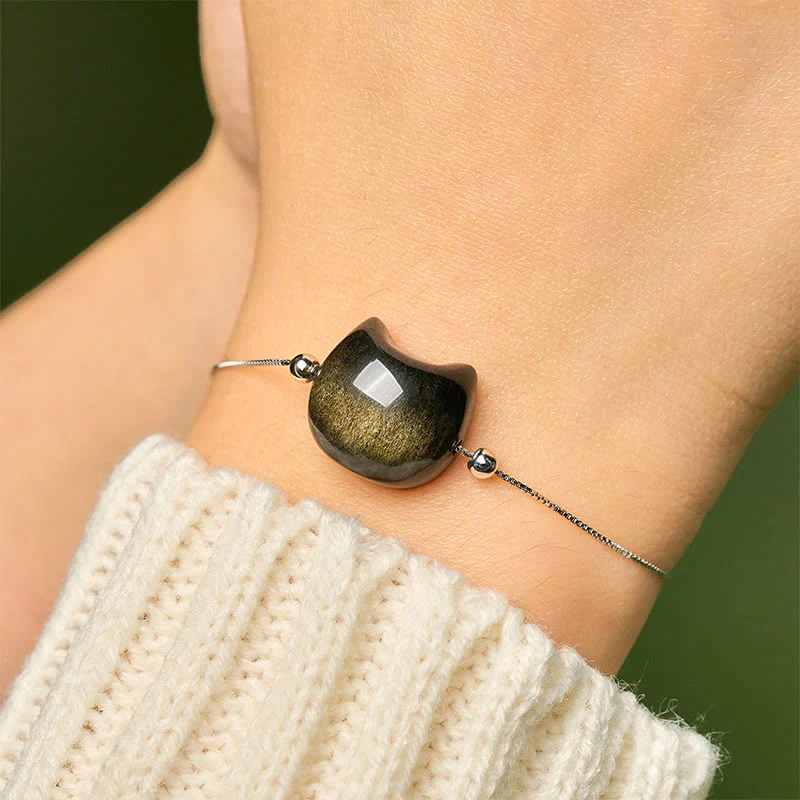 Braccialetto rilassante con gatto in ossidiana lucida color oro e pietre Buddha Stones in argento sterling 925 - Image 14