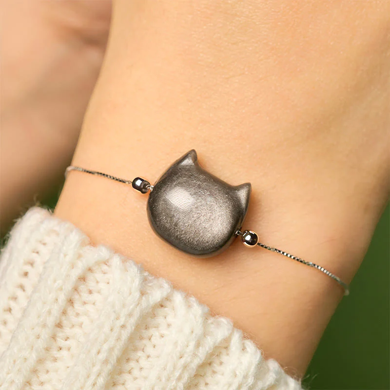 Braccialetto rilassante con gatto in ossidiana lucida color oro e pietre Buddha Stones in argento sterling 925 - Image 3