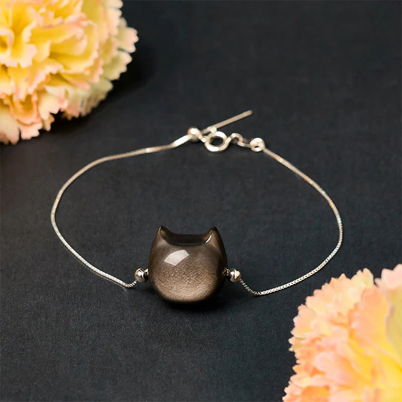 Braccialetto rilassante con gatto in ossidiana lucida color oro e pietre Buddha Stones in argento sterling 925 - Image 5