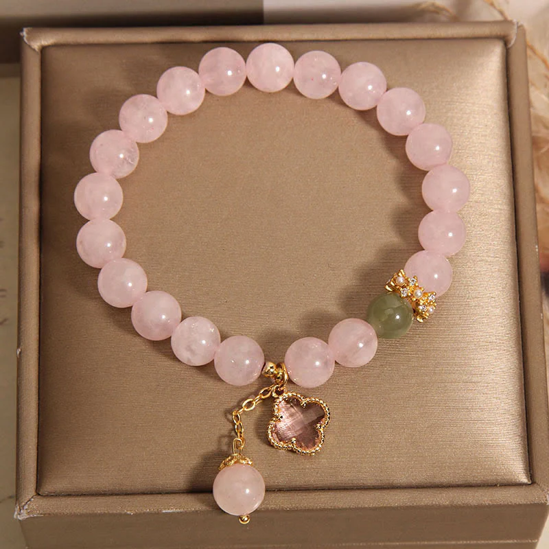 Braccialetto rilassante con quadrifoglio a quattro foglie in cristallo rosa naturale Buddha Stones - Image 5