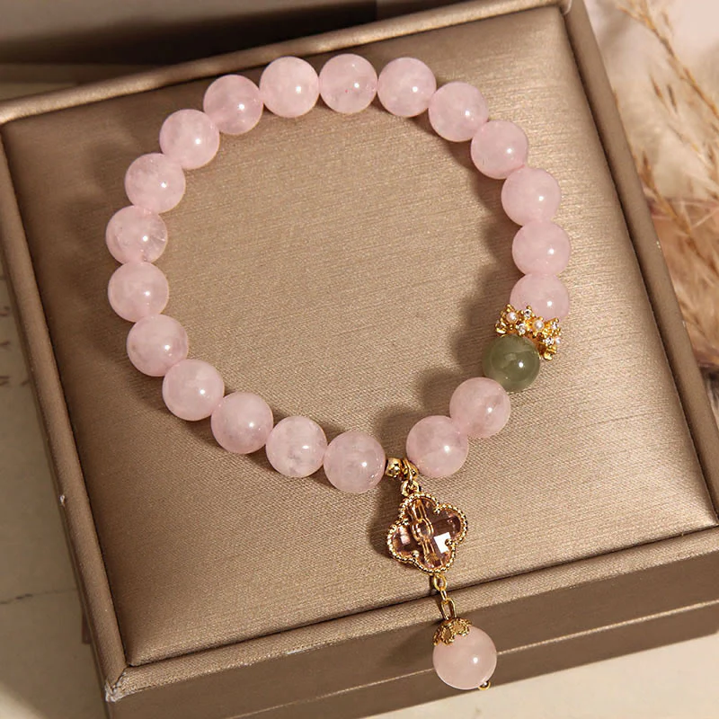 Braccialetto rilassante con quadrifoglio a quattro foglie in cristallo rosa naturale Buddha Stones - Image 6