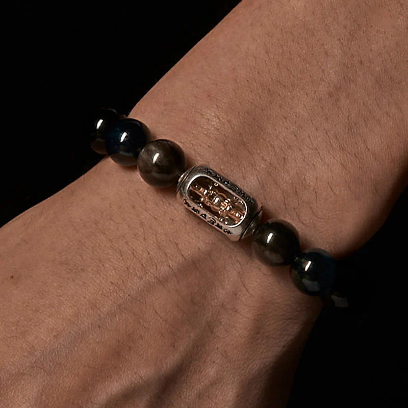Braccialetto rilassante Om Mani Padme Hum in ossidiana blu con Buddha Stones in argento naturale e occhio di tigre - Image 4