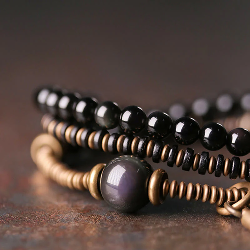 Braccialetto triplo avvolgente in legno di ebano, ossidiana arcobaleno, rame e Buddha Stones - Image 2