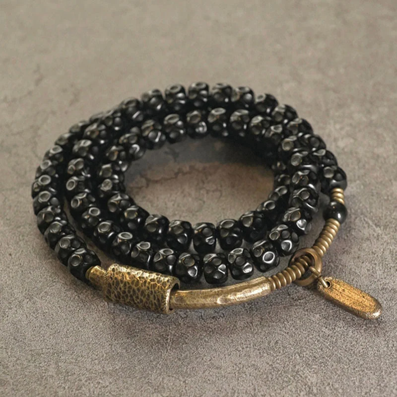 Bracciale triplo giro in ottone e rame con guscio di cocco retrò Buddha Stones - Image 4