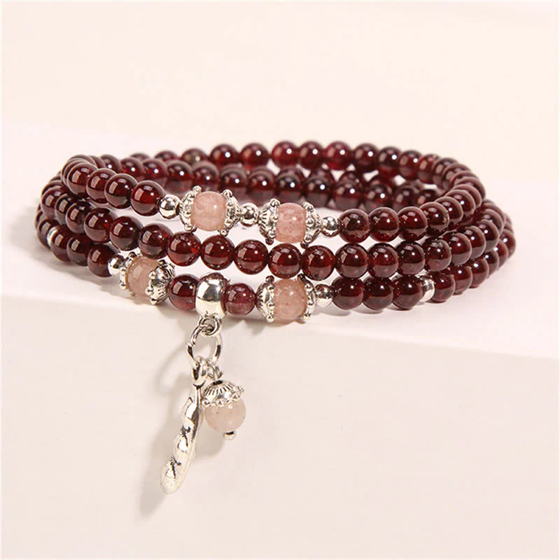 Braccialetto triplo giro con protezione PiXiu , Buddha Stones, granato naturale, quarzo fragola, fagiolini verdi - Image 3
