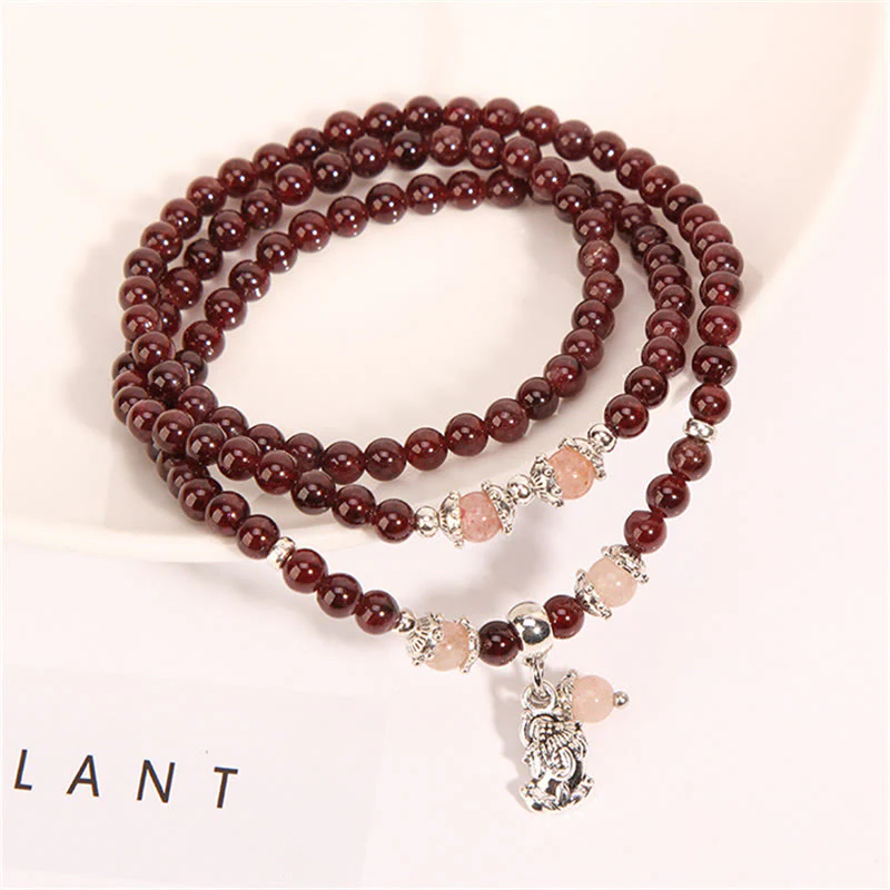 Braccialetto triplo giro con protezione PiXiu , Buddha Stones, granato naturale, quarzo fragola, fagiolini verdi - Image 4