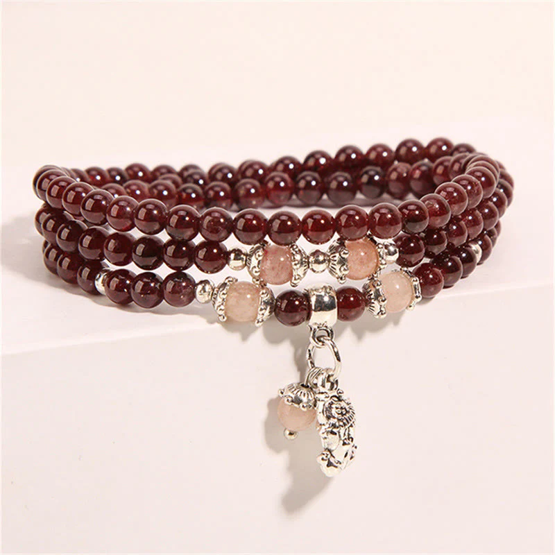 Braccialetto triplo giro con protezione PiXiu , Buddha Stones, granato naturale, quarzo fragola, fagiolini verdi - Image 5