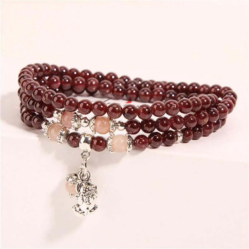 Braccialetto triplo giro con protezione PiXiu , Buddha Stones, granato naturale, quarzo fragola, fagiolini verdi - Image 6