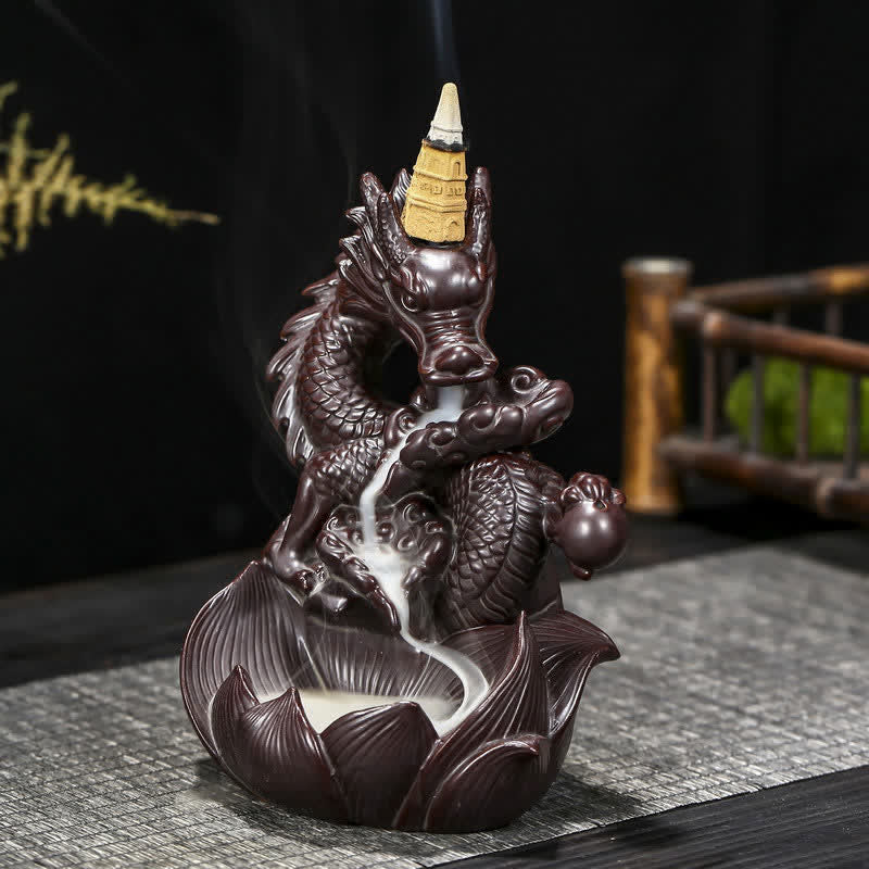 Bruciatore di incenso in ceramica con motivo a loto di drago, protezione e forza, decorazione - Image 5
